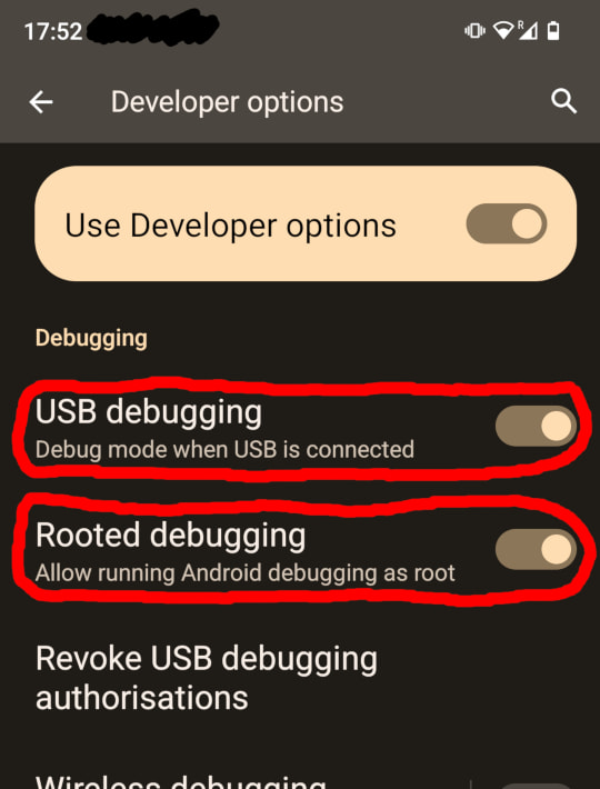 Debugging settings in the 'Developer options' menu